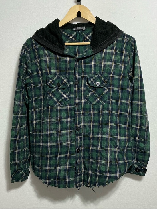 Current Mood Tops - Current Mood Green Plaid Hooded Flannel Shirt Women’s S Grunge Distressed